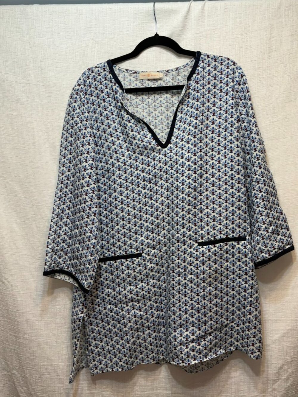 Tory Burch Blue Floral Geometric Print Split Neck Tunic Blouse Large